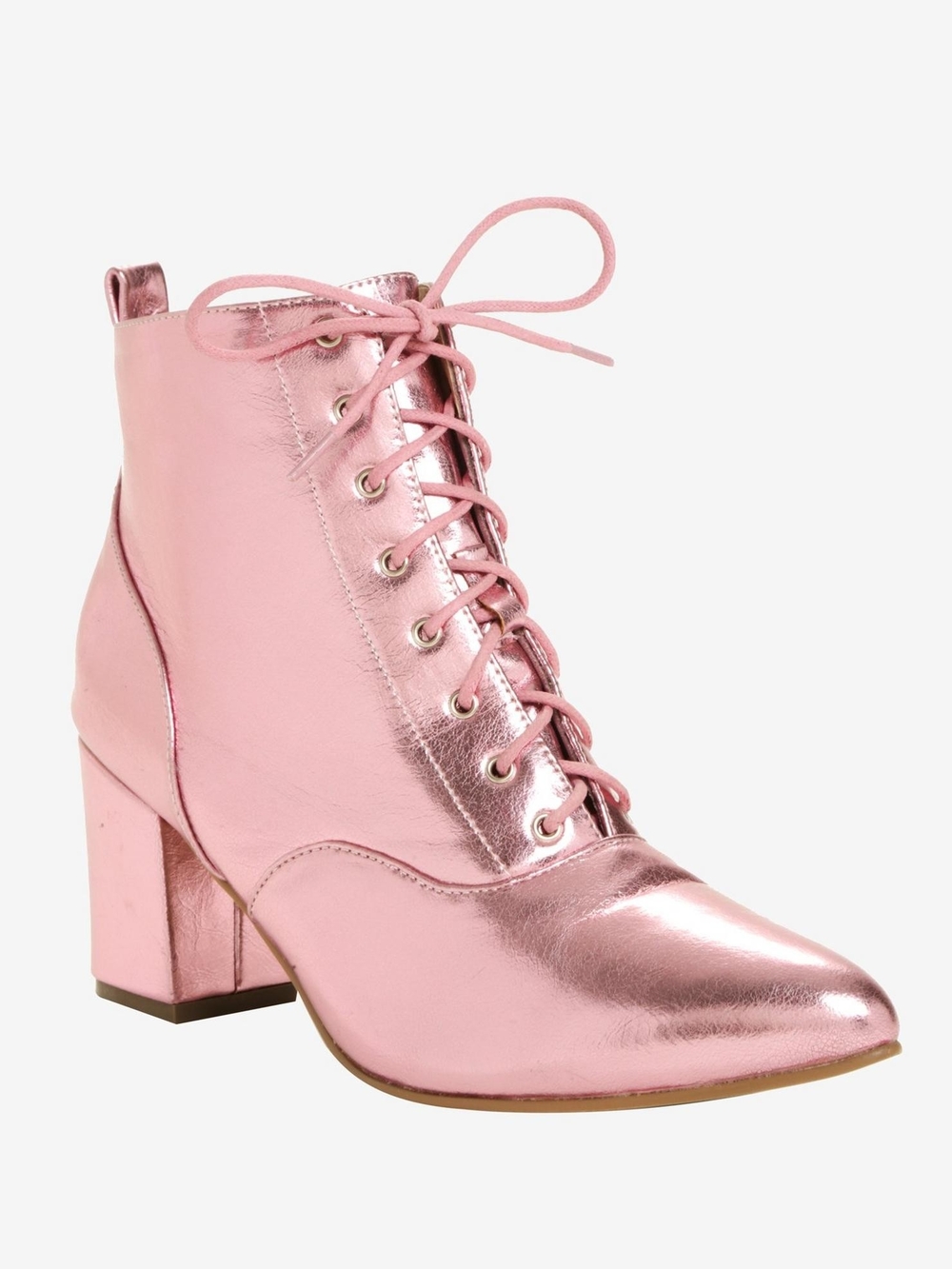 Metallic Pink Lace-Up Block Heel Bootie - Women